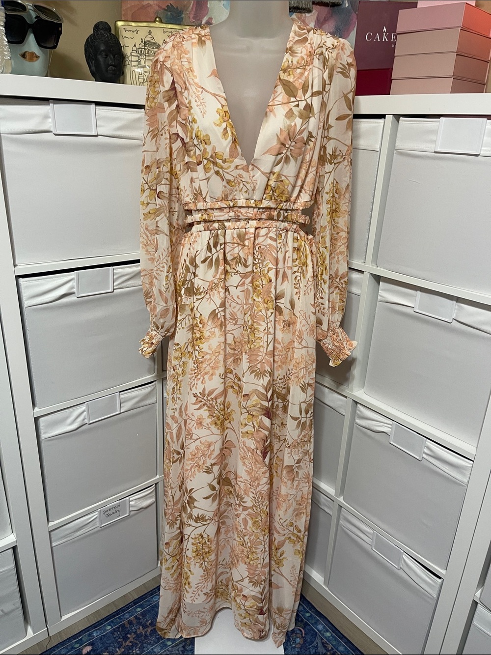 privy Blush Floral Maxi Dress with Gold Botanical Print